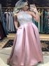 A Line Backless Pink Halter A Line Satin Pockets Prom Dress LBQ4164
